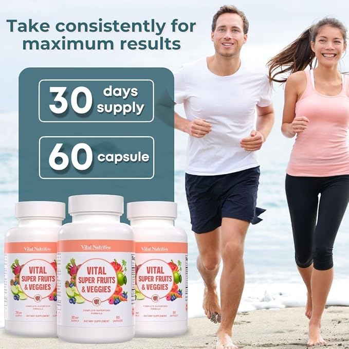 Vital Super Fruits & Veggies - Daily Superfood Capsules for Adults - Fruit and Veggies Supplement to Boost Immunity & Energy - 2-in-1 Formula for Overall Wellness - Fruit and Vegetable Capsules