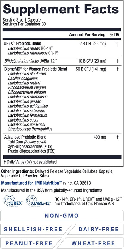 1MD Nutrition BiomeMD Probiotics for Women 62 Billion 16 Strains 30 Capsules (2-Pack)