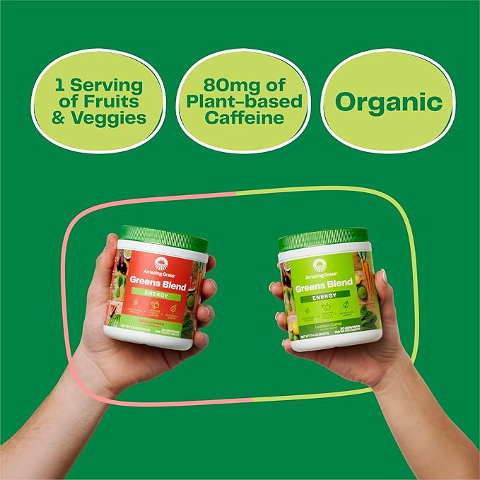 Amazing Grass Green Superfood Energy: Smoothie Mix, Super Greens Powder & Plant Based Caffeine with Green Tea and Flax Seed, Nootropics Support, Lemon Lime, 30 Servings