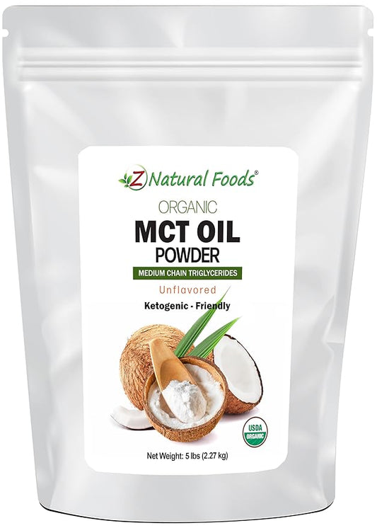 Z Natural Foods Organic MCT Oil Powder - 5 lbs | From Coconut Oil with Prebiotic Fiber | C8 and C10 | Natural Plant Based Vegan Creamer For Tea, Coffee, Shakes & Smoothies | Keto & Paleo Friendly Superfood Powder | Non GMO & Gluten Free