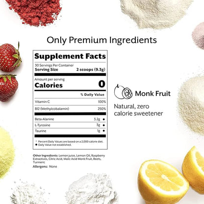 Promix Stim-Free Pre-Workout Powder, Raspberry Lemon 30 Servings, 274g - B12, Taurine,