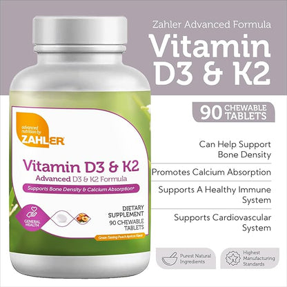 Zahler - Vitamin D3 & K2 Chewable Supplement (90 Count) - Certified Kosher K2 D3 Vitamin 5000 IU Delicious Chew Tablet - Vitamin D & K2 for Calcium Absorption, Bone Density & Immune Support