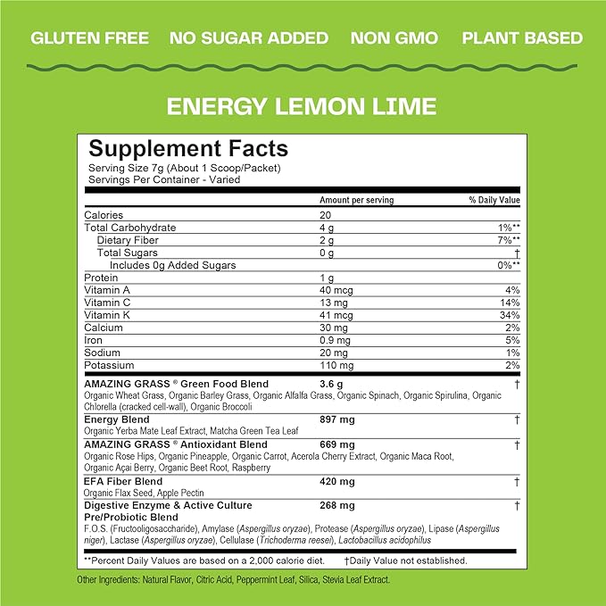 Amazing Grass Green Superfood Energy: Smoothie Mix, Super Greens Powder & Plant Based Caffeine with Green Tea and Flax Seed, Nootropics Support, Lemon Lime, 30 Servings