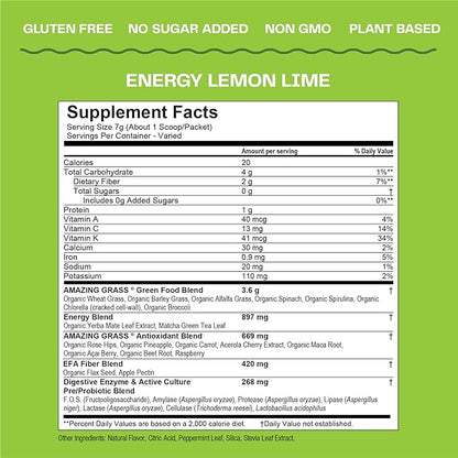 Amazing Grass Green Superfood Energy: Smoothie Mix, Super Greens Powder & Plant Based Caffeine with Green Tea and Flax Seed, Nootropics Support, Lemon Lime, 30 Servings