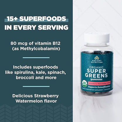 Ancient Nutrition Supergreens Gummy, Organic Superfood Gummy Made from Real Fruits, Vegetables and Herbs, for Digestive and Energy Support, 100 Count, Strawberry Watermelon