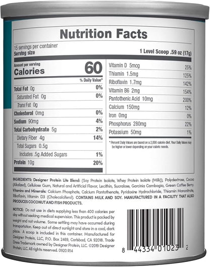 Designer Wellness, Designer Lite, Low Calorie Natural Protein, Prebiotic Fiber, Key Vitamins & Minerals,Chocolate Cookies & Cream, 9.03 Ounces