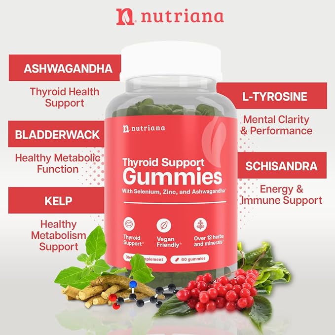 Thyroid Support Gummies - Selenium Supplement & Iodine Supplements for Thyroid Support - Energy Booster for Women and Men - Hypothyroidism Supplements with Metabolism Support