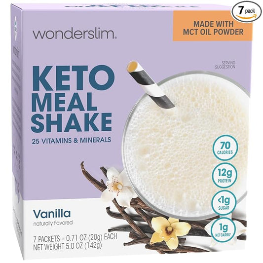 WonderSlim Keto Meal Replacement Shake, Vanilla, Low Carb, C8 MCTs, 12g Protein, Collagen, 25 Vitamins & Minerals, Gluten Free (7ct)