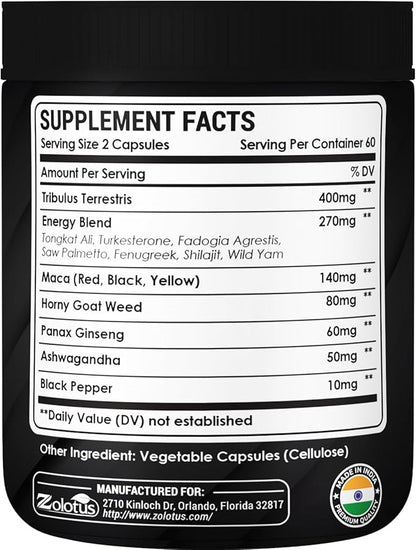 Zolotus 13in1 Tribulus Terrestris Capsules with Maca, Horny Goat Weed, Panax Ginseng, Saw Palmetto, Tongkat Ali, Shilajit & More - Energy, Stamina Supplement for Men & Women - 120 Counts
