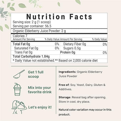 Organic Elderberry Juice Powder, 4oz 100% Natural