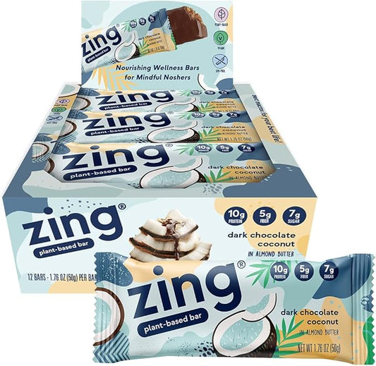 Zing Dark Chocolate Coconut Vegan Protein Bars, Gluten Free with High Protein, High Fiber, Dairy Free Nutrition Bars, Plant Based Protein, Kosher, Low Sugar, No Sugar Alcohols - 12 count