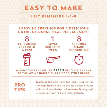 Veeg Meal Replacement Shake, Organic Greens Powder, Superfoods, Nutrients & Multivitamins, MCT Oil, All-in-One Protein Smoothie, Prebiotics & Probiotics, Vegan, Dairy Gluten Free, Sugar Free, Vanilla