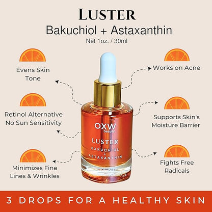 Luster Bakuchiol Oil Serum, Retinol Alternative, Anti-Aging, Superfood Face Oil with Bakuchiol, Astaxanthin, Rosehip Oil, Meadowfoam Oil, Squalane, Pomegranate Oil for the Face, Natural Skincare