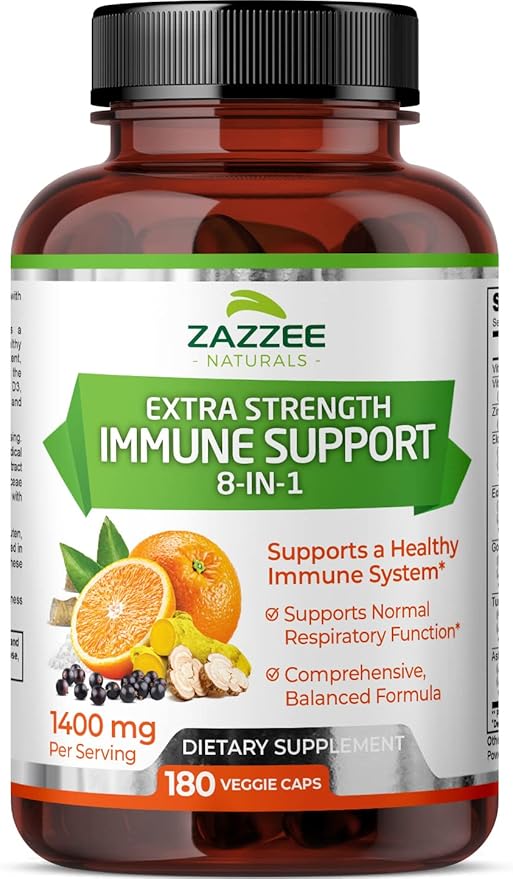 Zazzee Extra Strength 8-in-1 Immune Support, 1400 mg 180 Vegan 1000 mg 1000 IU D3, Zinc,