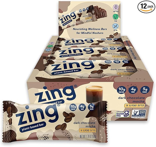 Zing Dark Chocolate Mocha Vegan Protein Bars, Gluten Free with High Protein, High Fiber, Dairy Free Nutrition Bars, Plant Based Protein, Kosher, Low Sugar, No Sugar Alcohols - 12 count