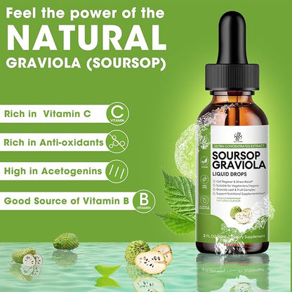Soursop Graviola Liquid Drop for Cell Support & Regeneration, Immune System and Gut Health Support, Soursop Bitters Liquid, Herbal Goodness, Sugar/Gluten Free, Natural Flavor, 2 Fl Oz
