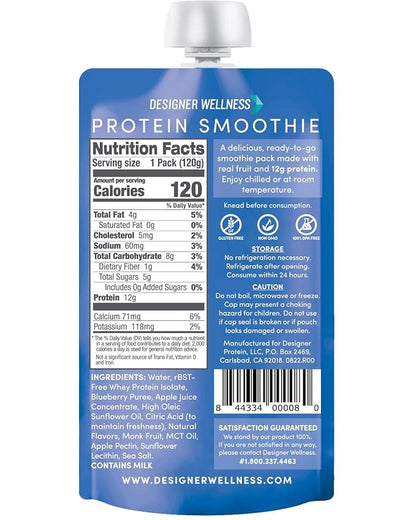 Designer Wellness Protein Smoothie, Real Fruit, 12g Protein, Low Carb, Zero Added Sugar, Gluten-Free, Non-GMO, No Artificial Colors or Flavors, Blueberry Vanilla, 12 Count