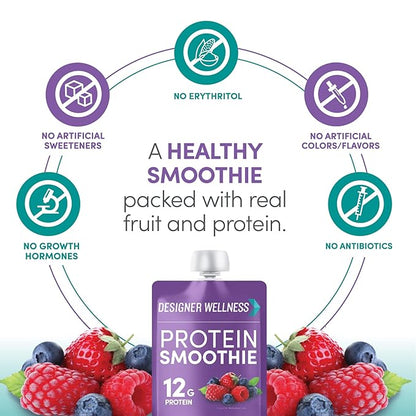 Designer Wellness Protein Smoothie, Real Fruit, 12g Protein, Low Carb, Zero Added Sugar, Gluten-Free, Non-GMO, No Artificial Colors or Flavors, Mixed Berry, 12 Count