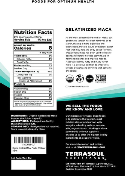 Terrasoul Superfoods Organic Gelatinized Maca Powder, 16 Oz, Hormone Balance, Energy Boost, and Superfood Smoothies with Peruvian Maca Root, Gelatinized for Easy Digestion