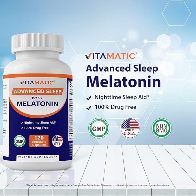 Vitamatic Advanced Sleep Aid with Melatonin 120 Vegetable B6, Magnesium, 5-HTP, GABA,