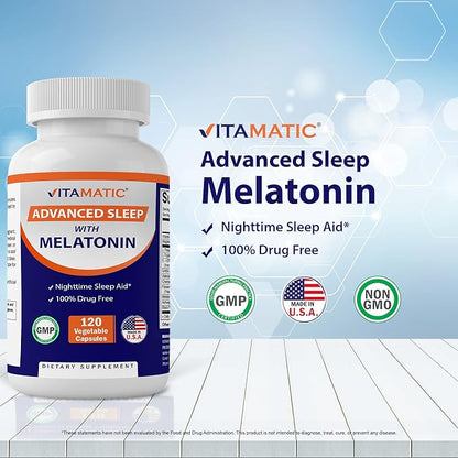 Vitamatic Advanced Sleep Aid with Melatonin 120 Vegetable B6, Magnesium, 5-HTP, GABA,