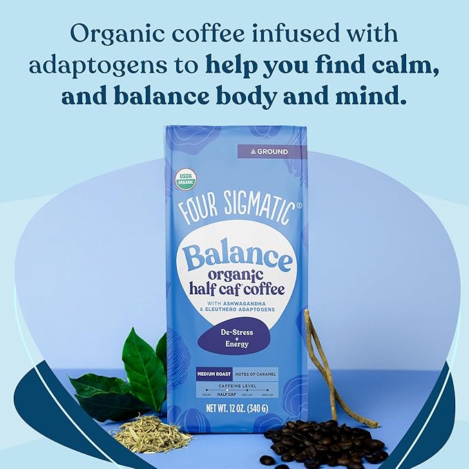 Four Sigmatic Organic Balance Adaptogen Ground Coffee | Medium Roast USDA Organic Coffee with Ashwagandha, Chaga Mushroom, Eleuthero and Tulsi for Focus and Energy Boosting | 12oz Bag