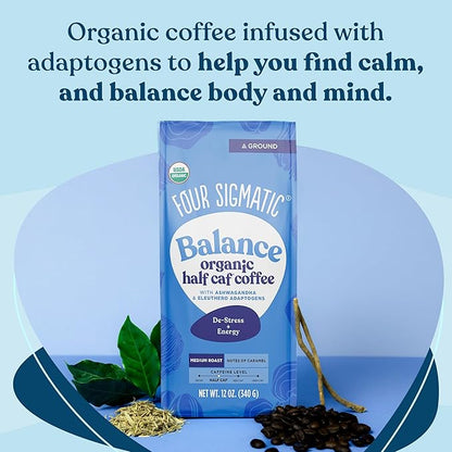 Four Sigmatic Organic Balance Adaptogen Ground Coffee | Medium Roast USDA Organic Coffee with Ashwagandha, Chaga Mushroom, Eleuthero and Tulsi for Focus and Energy Boosting | 12oz Bag