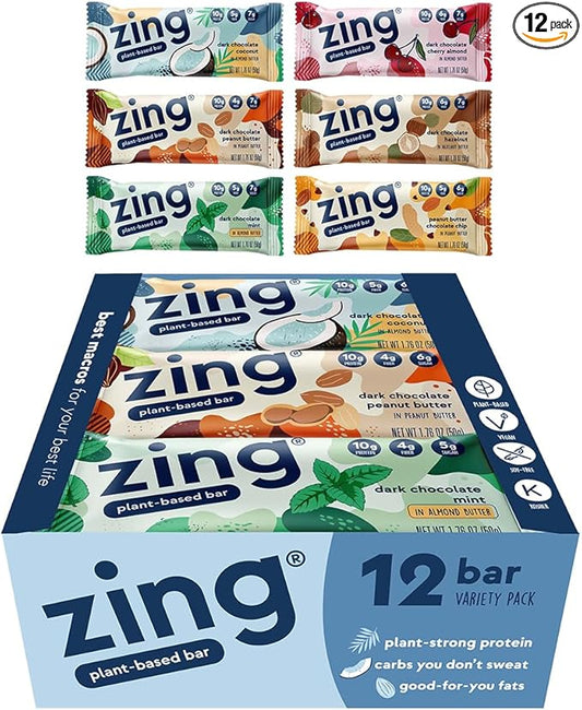 Zing Vegan Protein Bars Variety Pack - Top 6 Flavors, Gluten Free Nutrition Bars, High Protein & Fiber, Soy Free, Dairy Free Plant Based Protein, Kosher, Low Sugar, No Sugar Alcohols - 12 count