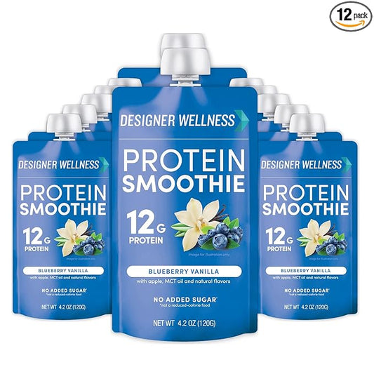 Designer Wellness Protein Smoothie, Real Fruit, 12g Protein, Low Carb, Zero Added Sugar, Gluten-Free, Non-GMO, No Artificial Colors or Flavors, Blueberry Vanilla, 12 Count