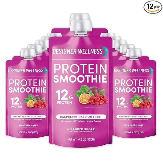 Designer Wellness Protein Smoothie, Real Fruit, 12g Protein, Low Carb, Zero Added Sugar, Gluten-Free, Non-GMO, No Artificial Colors or Flavors, Raspberry Passion Fruit, 12 Count