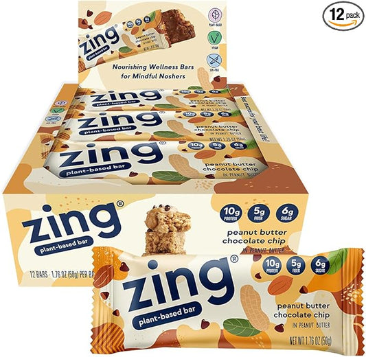 Zing Peanut Butter Chocolate Chip Vegan Protein Bars, Gluten Free with High Protein, High Fiber, Dairy Free Nutrition Bars, Plant Based Protein, Kosher, Low Sugar, No Sugar Alcohols - 12 count