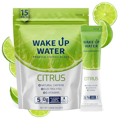 Wake Up Water - Energy + Hydration Sugar Free 15 Packs, Citrus Flavor - Energy Drink Powder, Electrolytes Powder Drink, Natural Caffeine Mix Packet, B Vitamins, 5 Calories, Gluten Free - .10 oz (2.9g)