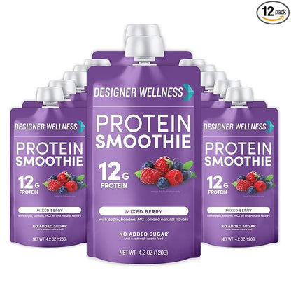 Designer Wellness Protein Smoothie, Real Fruit, 12g Protein, Low Carb, Zero Added Sugar, Gluten-Free, Non-GMO, No Artificial Colors or Flavors, Mixed Berry, 12 Count