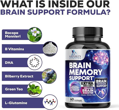 Brain Supplements for Memory and Focus - 40 Nootropics & Vitamins to Support for Alertness, Clarity & Concentration, Brain Health, B6, B12, Phosphatidylserine - 60 Capsules