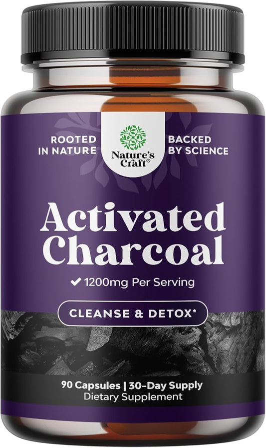 Activated Charcoal Pills Detox & Cleanse - Purifying Coconut Capsules with 1200 mg Per Serving for Bloating Relief - Active Detoxification Supplement for Body & Gut Health - 90 Count