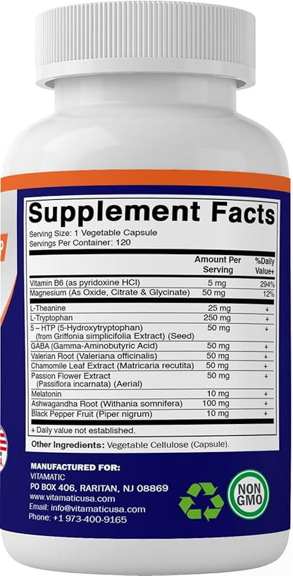 Vitamatic Advanced Sleep Aid with Melatonin 120 Vegetable B6, Magnesium, 5-HTP, GABA,