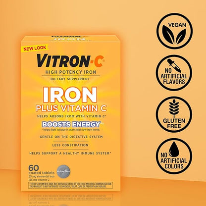 Vitron-C Iron Supplement, Immunity Support Iron Supplements with Vitamin C, Iron Pills for Immune Support, 60 Count