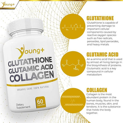 Young+ Glutathione, Glutamic Acid and Collagen. 1000mg, 60 60 Capsules