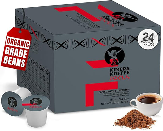 Kimera Koffee Organic Ground Coffee, Focus Blend, Light Roast infused with L-Theanine, Pack of 24 Cup Coffee Pods