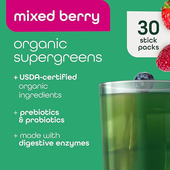 Zena Organic Super Greens Powder, 70+ Superfoods Drink Mix, 0 Sugar, 3G Fiber, Fruits, Veggies, Spirulina, Chlorella, Antioxidants, Pre & Probiotics, Digestive Enzymes, Mixed Berry Flavor, 30 Packets