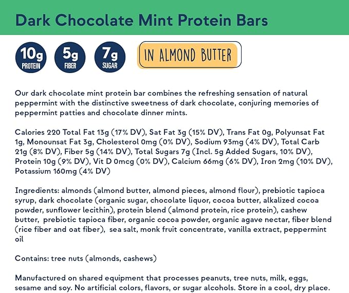 Zing Dark Chocolate Mint Vegan Protein Bars, Gluten Free with High Protein, High Fiber, Dairy Free Nutrition Bars, Plant Based Protein, Kosher, Low Sugar, No Sugar Alcohols - 12 count