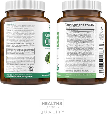 USDA Organic Greens Powder (60 Tablets) Convenient Pills - Complete Superfood Supplement with 28 Fruits & Vegetables - Super Antioxidants, Energy, Gut Health, and Immune Support (No Capsules)