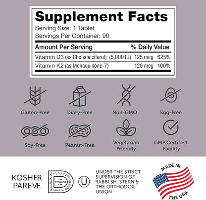 Zahler - Vitamin D3 & K2 Chewable Supplement (90 Count) - Certified Kosher K2 D3 Vitamin 5000 IU Delicious Chew Tablet - Vitamin D & K2 for Calcium Absorption, Bone Density & Immune Support