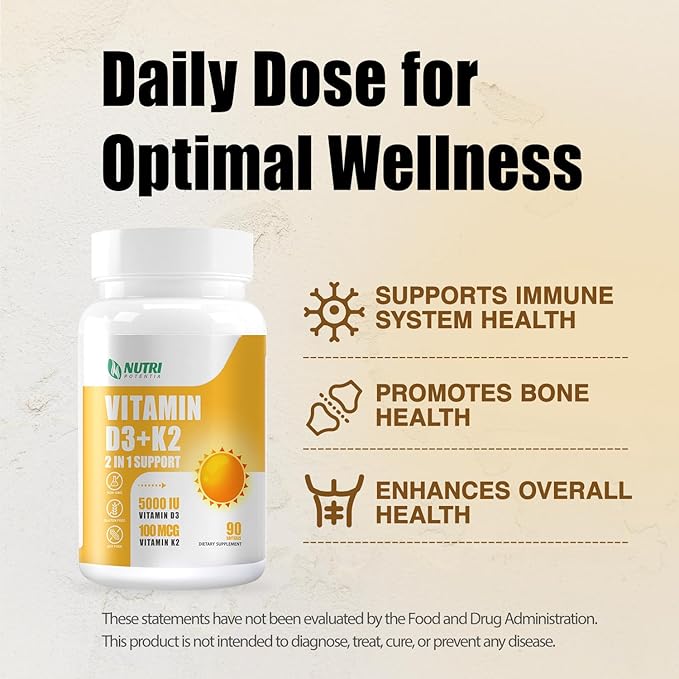 Vitamin D3 K2 Supplement with MCT Oil, Vitamin D3 5000 IU and K2 100 mcg Softgel, Bone and Heart Health Support Supplement, Gluten Free - 90 Count Softgels