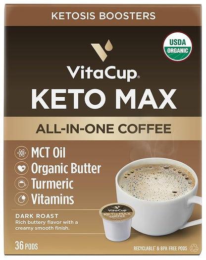 VitaCup Keto Max Dark Roast Coffee Pods, Ketosis & Energy, Butter, MCT Oil, Turmeric, B Vitamins, D3, All-In-One Keto Recyclable Single Serve Pod Compatible with Keurig K-Cup Brewers, 36 Ct