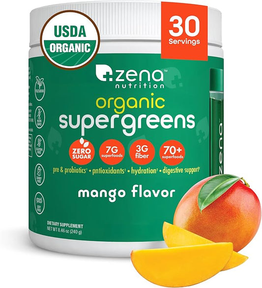 Zena Organic Super Greens Powder, 70+ Superfoods Drink Mix, 0 Sugar, 3G Fiber, Fruits, Veggies, Spirulina, Chlorella, Antioxidants, Pre & Probiotics, Digestive Enzymes, Mango Flavor, 30 Servings