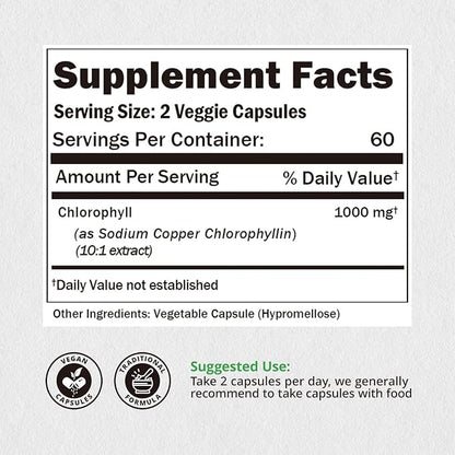 Chlorophyll Capsules 1000mg - 100% Natural Potency Concentration for Women & Men, Gut Health, Skin Support - Natural Energy Booster, 120 Capsules