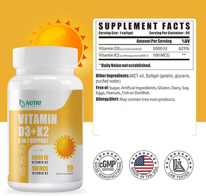 Vitamin D3 K2 Supplement with MCT Oil, Vitamin D3 5000 IU and K2 100 mcg Softgel, Bone and Heart Health Support Supplement, Gluten Free - 90 Count Softgels