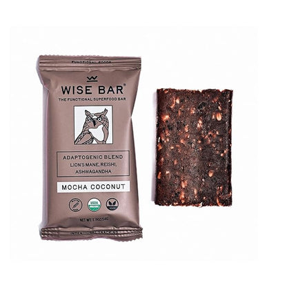 Wise Bar Adaptogen Mushroom Nutrition Bars with Reishi, Lions Mane & Ashwagandha, Organic Vegan & Gluten Free Snacks for Natural Focus, Energy & Immunity Support, Mocha Coconut Flavor, 12 Count