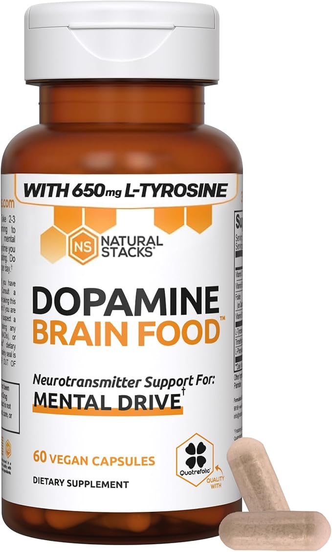 NATURAL STACKS Dopamine Brain Food - 650mg L-Tyrosine Supplement - Dopamine Supplement for Focus & Mental Drive - Supports Mental Energy - Neurotransmitter Support with B Vitamins - 60 Capsules